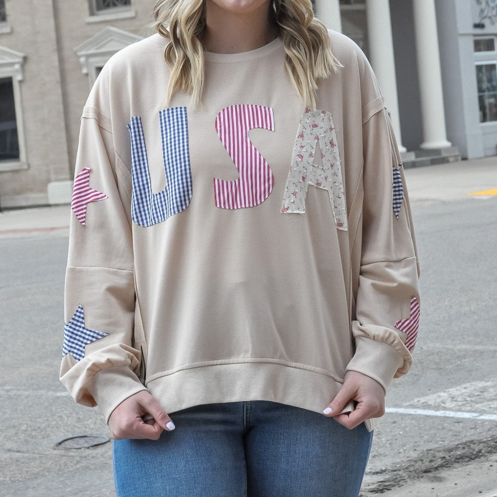 USA Patchwork French Terry Oversized Sweatshirt - Picture 1 of 7